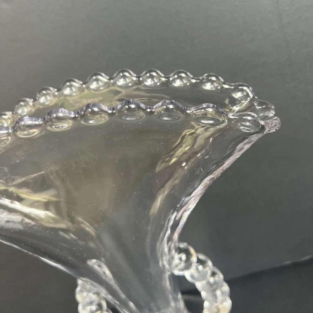 VTG Imperial Candlewick Fan Vase Detached Bead Handles Clear Glass 8.5